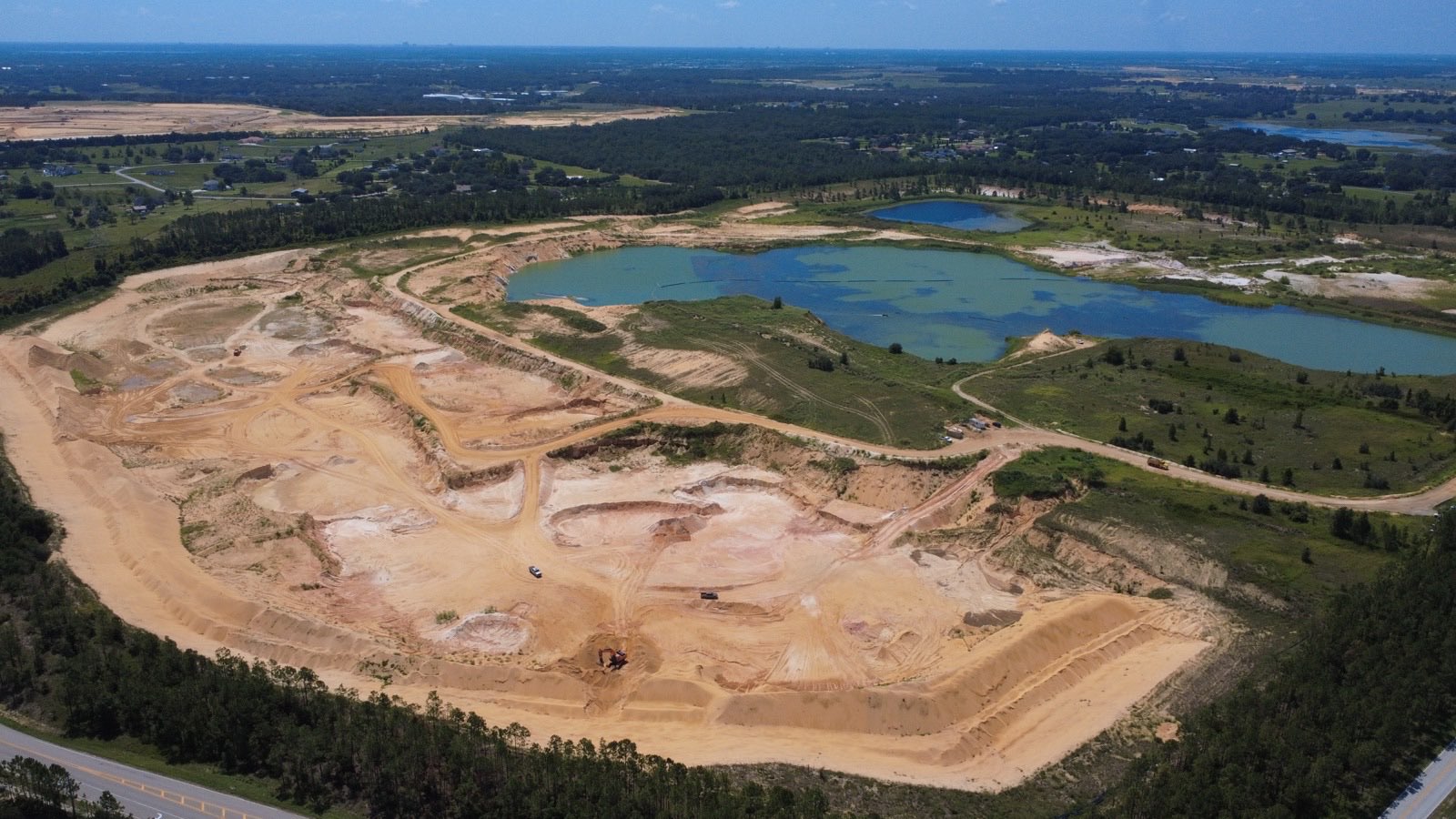 Aerial land surveying and mapping drone view of excavation site