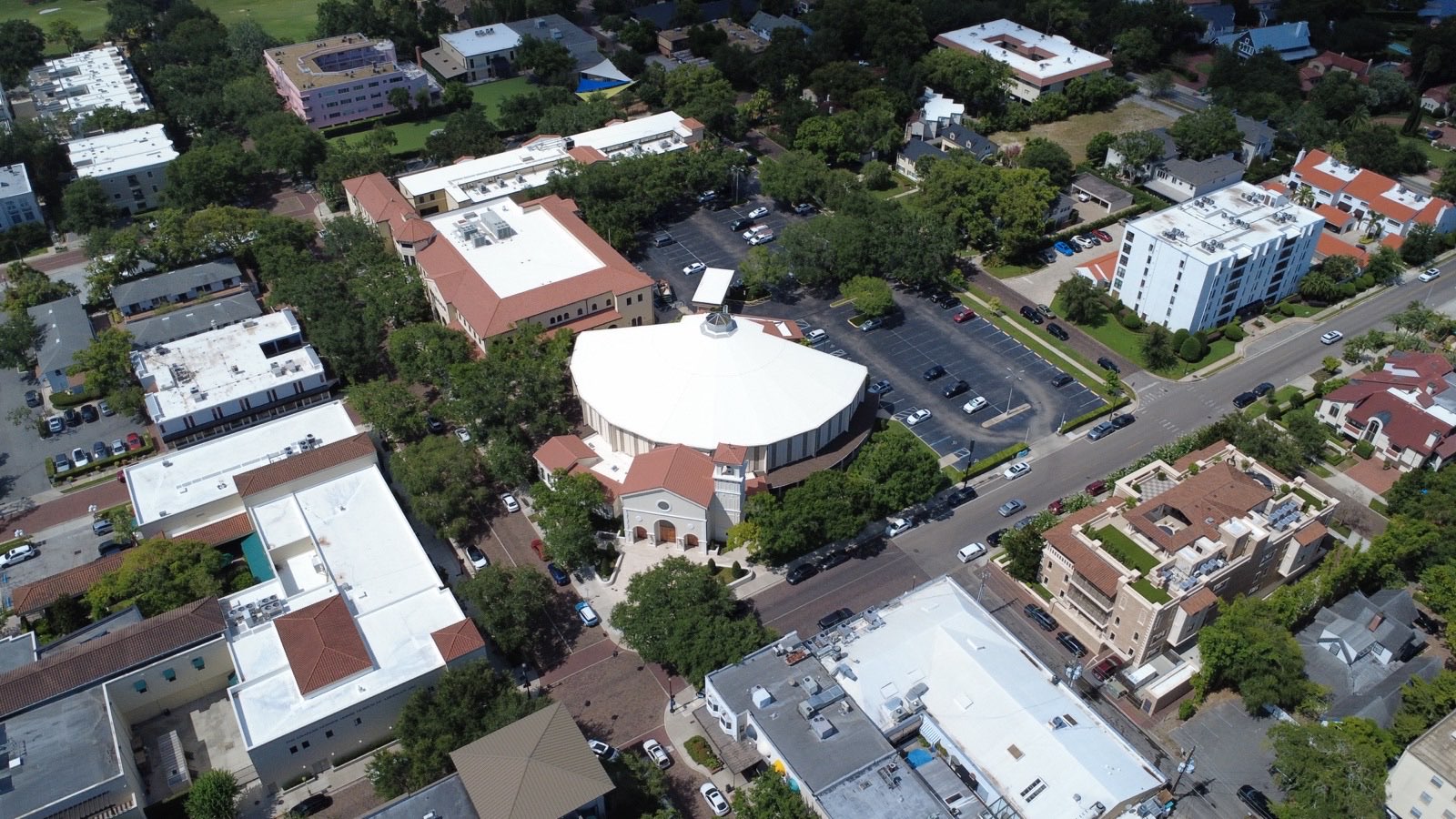 Aerial drone roof inspection of commercial building in Central Florida