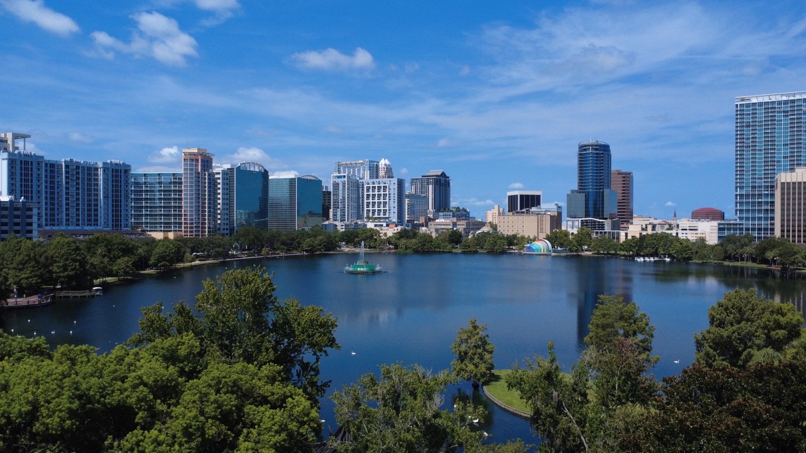 Aerial view of Lake Eola and downtown Orlando skyline